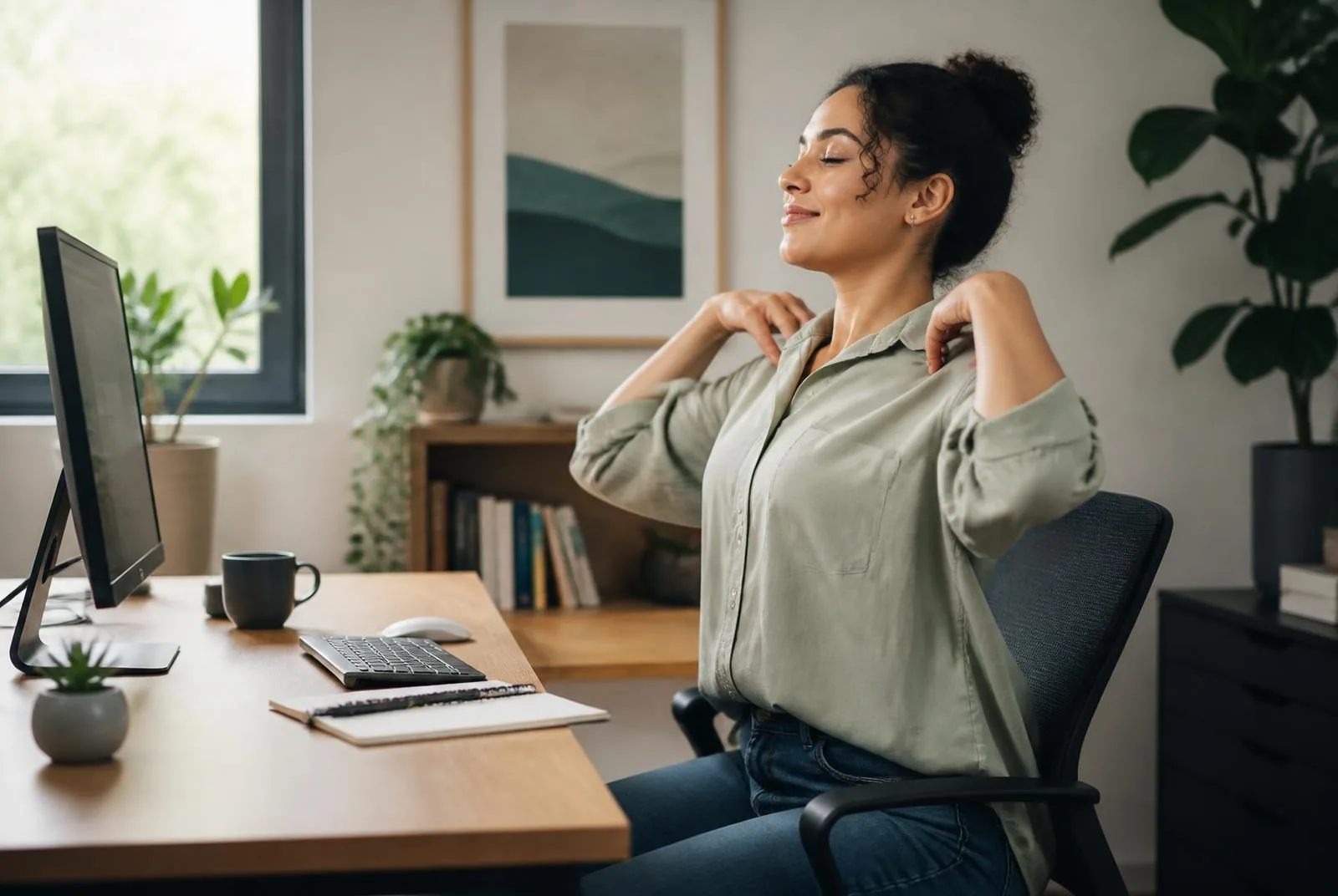 An adult taking a relaxed movement break beside a desk