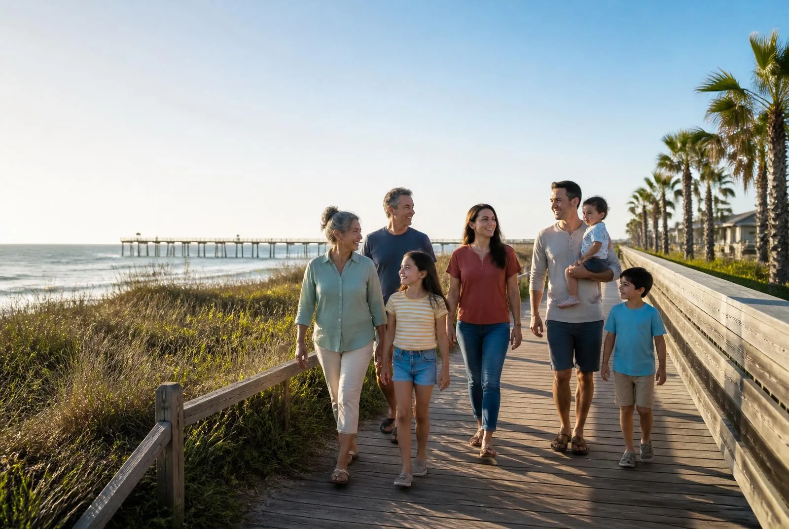 A family walking together along a Jacksonville-area coastal boardwalk