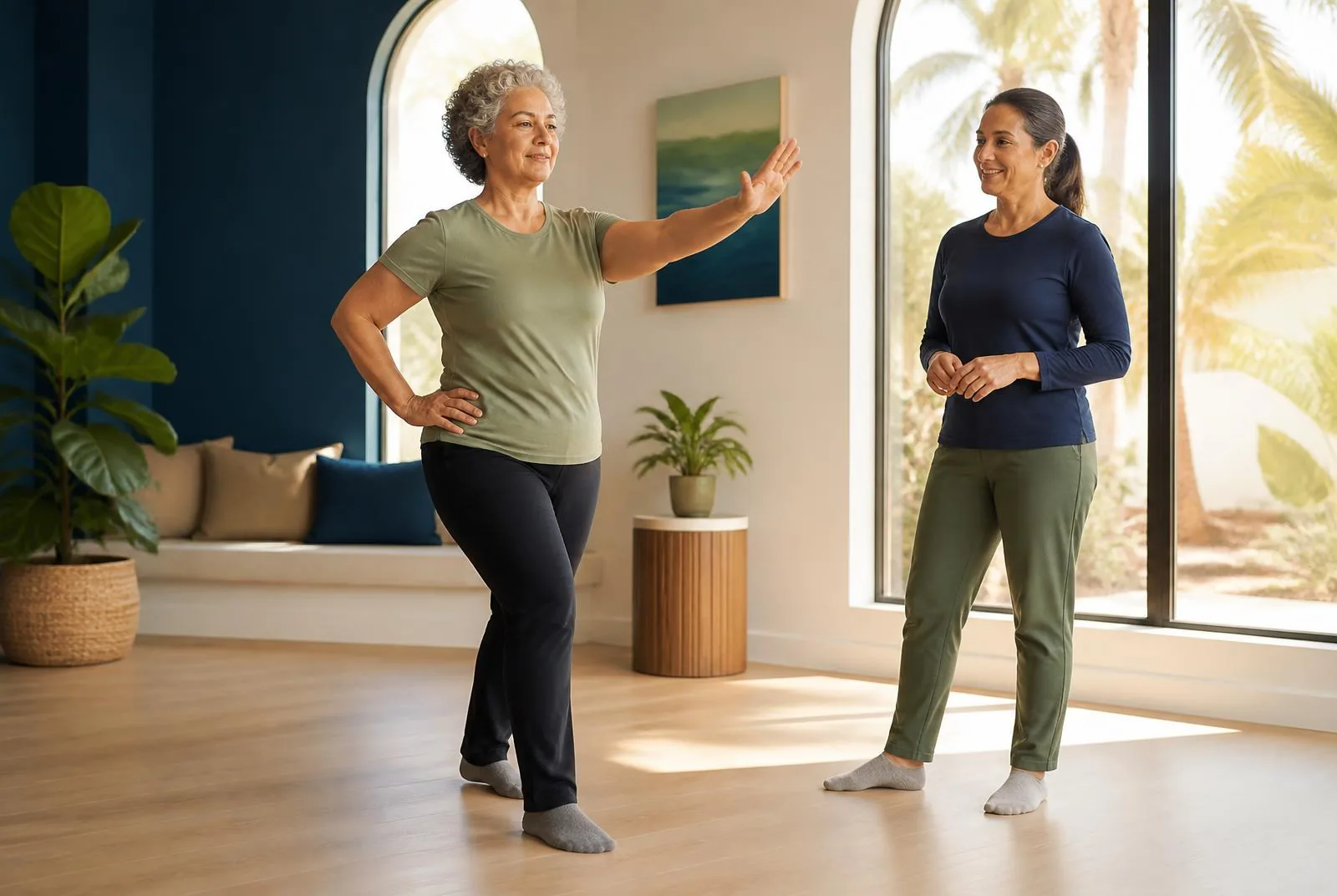 An adult practicing gentle movement with guidance