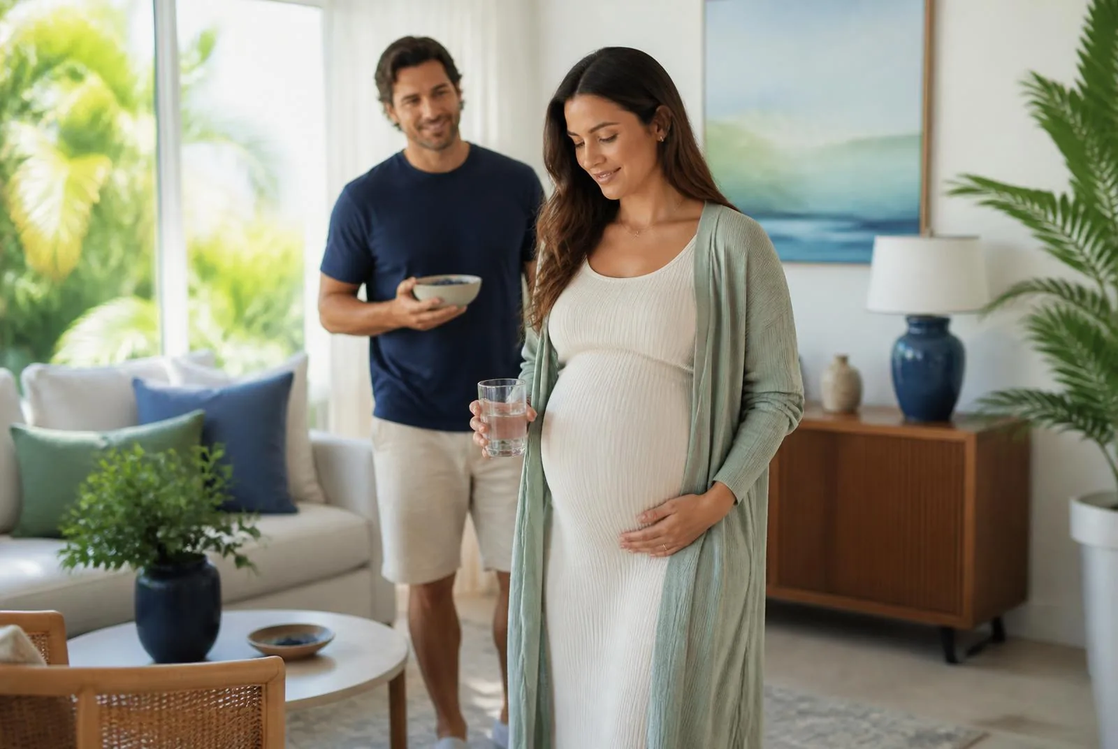 An expectant parent moving comfortably at home