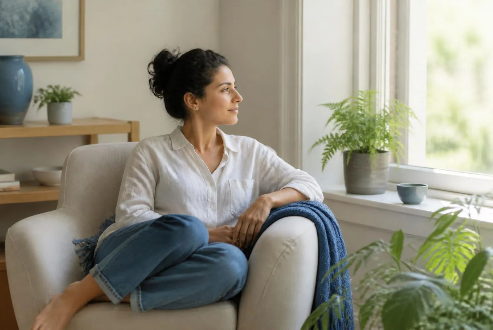 An adult resting quietly beside a sunlit window