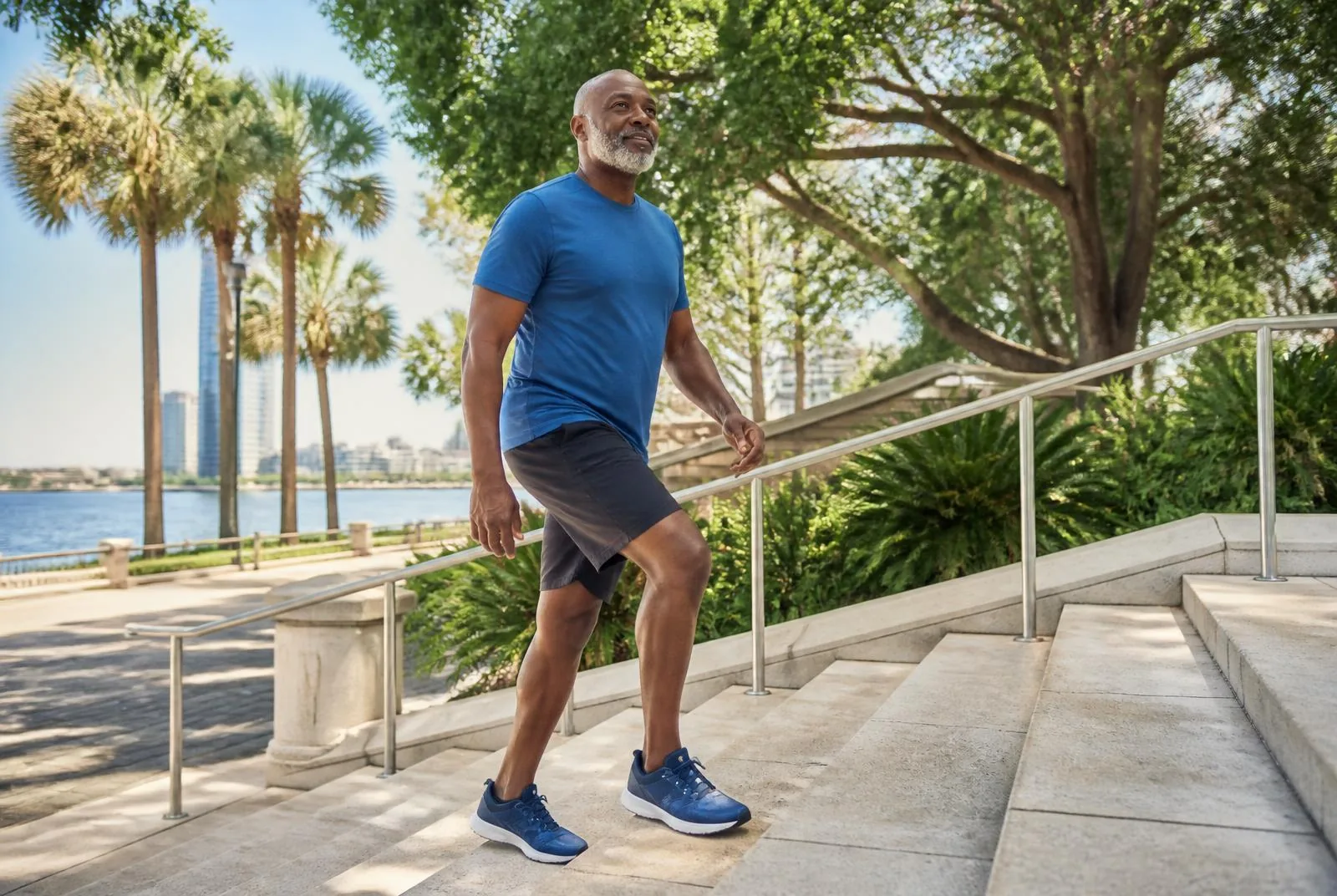 An adult moving comfortably up outdoor steps